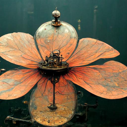 pulled back view of old fashioned steampunk weighing scales, on one side of the scales a flower in water, on the other side of the scales house on mars