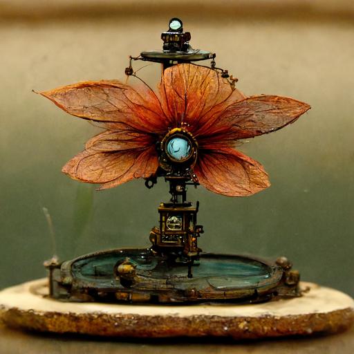pulled back view of old fashioned steampunk weighing scales, on one side of the scales a flower in water, on the other side of the scales house on mars