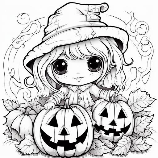 pumpkin chibi halloween coloring page black white with background