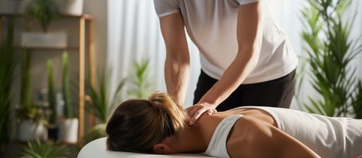physiotherapy, osteopathy woman, patient and therapist working on spine, massage equipment, clean, green home plants in background, photography, promotion photosession, massage room, therapy room, professional, zoomed in skin and hands --ar 16:7 --v 5.2