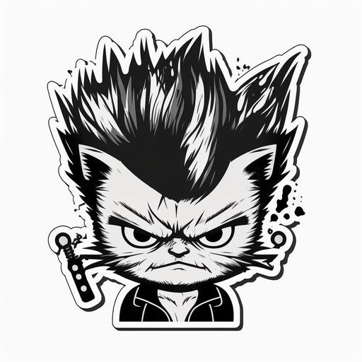 punk cute angry cat, sticker, cartoon style, black and white, white background