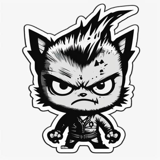 punk cute angry cat, sticker, cartoon style, black and white, white background