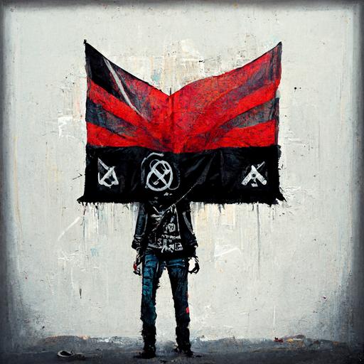 punk guy holding a anarchy flag distorted