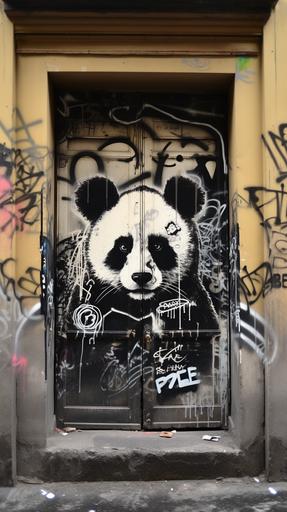 punk panda fashion design sketch spray painted on old parisian door, street photography, --ar 9:16
