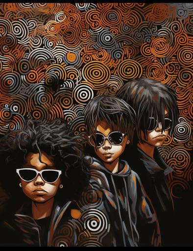 ::1 punk rock kids, action pose, melanin skin girl, african american, new wave, punk fashion, black background, art by junji ito::3 --ar 216:279 --style raw --s 400 --upbeta