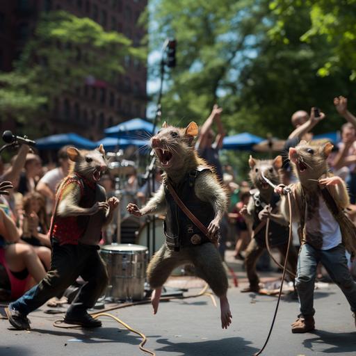 punk rock rats dancing in a mosh pit in Tompkins Square Park NYC in summer