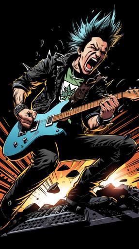 punk rocker playing guitar dynamic pose dramatic camera angle forced perspective coming toward the camera comic book style --ar 9:16