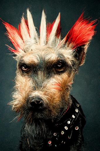 punk rocker terrier dog with mohawk and spiky collar looking straight at the camera --ar 2:3