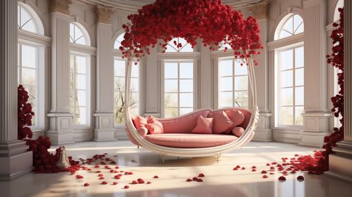 a large and elegant white room with a double stairs of marble like in palaces, in the background, a beautifully decorated swing with red roses, in the front a swing with two sits is hanging, all around flower decorations of red and white roses to celebrate love, hyper realistic, high quality, photo realistic, 8K, --s 300 --ar 16:9