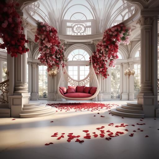 a large and elegant white room with a double stairs of marble like in palaces, in the background, a beautifully decorated swing with red roses, in the front a swing with two sits is hanging, all around flower decorations of red and white roses to celebrate love, hyper realistic, high quality, photo realistic, 8K, --s 300