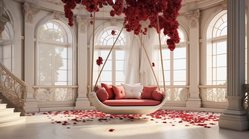a large and elegant white room with a double stairs of marble like in palaces, in the background, a beautifully decorated swing with red roses, in the front a swing with two sits is hanging, all around flower decorations of red and white roses to celebrate love, hyper realistic, high quality, photo realistic, 8K, --s 300 --ar 16:9