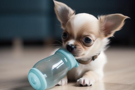 puppy chihuahua drinking bottle of milk 8 k --q 5 --v 5 --ar 3:2