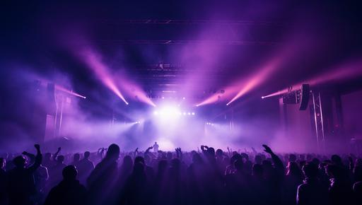 purple and eerie lights illuminate a dark stage at a concert, in the style of tasteful use of negative space, light purple and light brown, y2k aesthetic, thomas leuthard, candid moments captured, primitivist frenzy, carnivalesque --ar 39:22