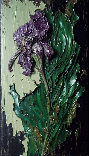 purple and green pre-Raphaelite Tropicalpunk flowers torn asunder, Thick impasto oil painting on canvas, palette knife application, Caravaggio and Roberto Ferri, cracked paint, cracked lacquer, lacquer, faded lacquer, Molten, liquid, melted, liquefied, fused, runny, flowing, molten hot, dripping, Dropping, trickling, oozing, leaking, dribbling, seeping, flowing, drizzling, pouring, spilling, running, melting: Dissolving, liquefying, softening, smelting, fusing, warming up, melting down, turning into liquid. --no text, font, alamy, brochure, advertising, meme, drawing, digital art, concept art, signed, signature, watermark, glasses, frame, picture frame, 3d, cg, cgi, render, rendered, wordart, textart, --ar 9:16 --chaos 5