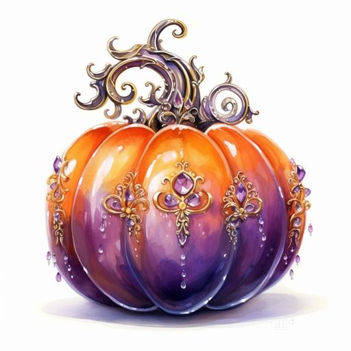 purple and orange jeweled pumpkin, watercolor, isolated on white