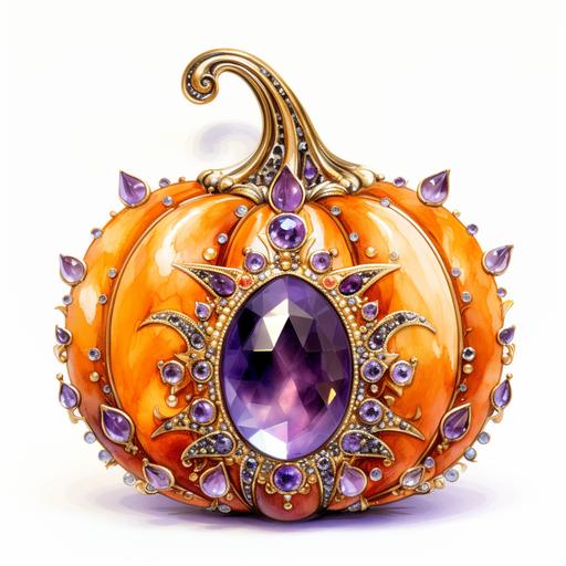 purple and orange jeweled pumpkin, watercolor, isolated on white