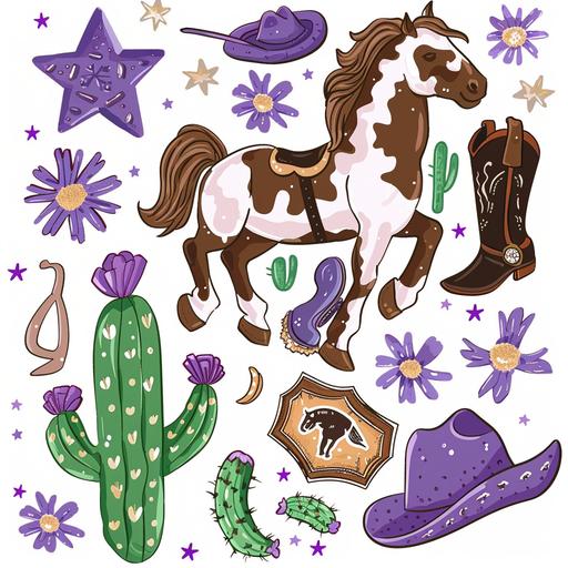 purple, brown and green, white, cowboy clipart set, brown and white horse, purple and brown cowboy boots, horse shoe, cactus with small purple flowers, cow print purple cowboy hat, sherif badge, stars, daisy, white background