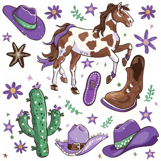 purple, brown and green, white, cowboy clipart set, brown and white horse, purple and brown cowboy boots, horse shoe, cactus with small purple flowers, cow print purple cowboy hat, sherif badge, stars, daisy, white background