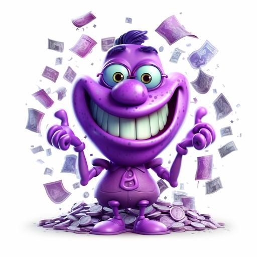 purple cartoon character with money