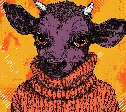 purple cow wearing an orange sweater pop art, big wide eyes, cow, pop art, popping out from background, halftone pattern HD wallpaper flare background --sref  --ar 113:100 --v 6.0 --s 250 --style raw