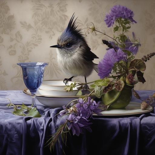 purple crowned fairy wren sitting on a english table setting with weeds growing from its body