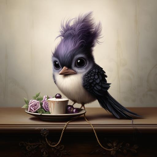 purple crowned fairy wren sitting on a table in a mark ryden style
