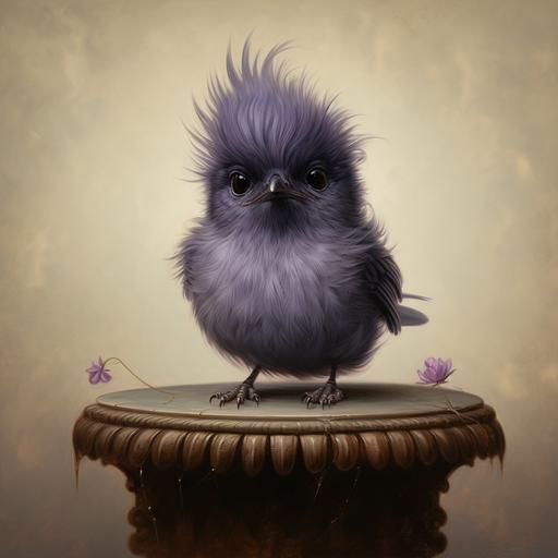 purple crowned fairy wren sitting on a table in a mark ryden style