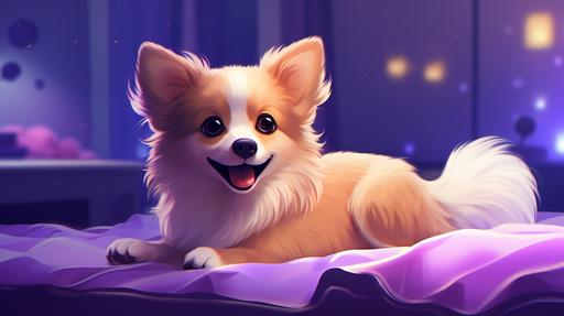 purple cute dog on bed twitch banner background --ar 16:9