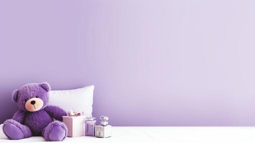 purple cute teddy on bed twitch banner background --ar 16:9