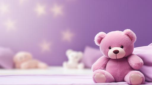 purple cute teddy on bed twitch banner background --ar 16:9