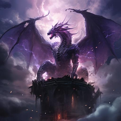 purple dragon having angel ring above his head. In the air coveres with louds and lightening. Broken castle below him.