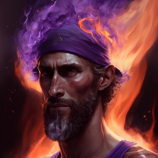 purple fire, man whit basketball cap, man wispy beard