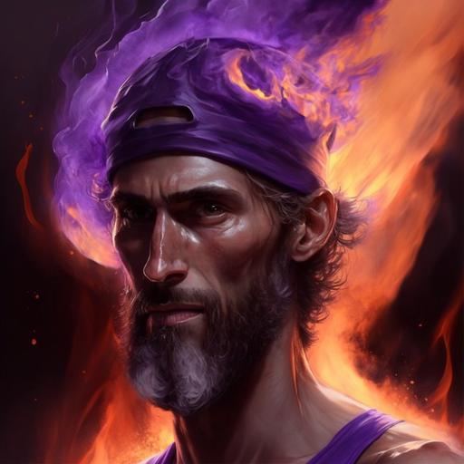 purple fire, man whit basketball cap, man wispy beard