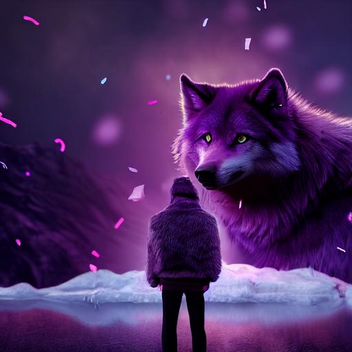 purple fur wolf, money pouch in the background, dripping ice, young man in purple clothes smoking, relistic cinematic 3d, 4k full hd, 16:9 --test --creative --upbeta