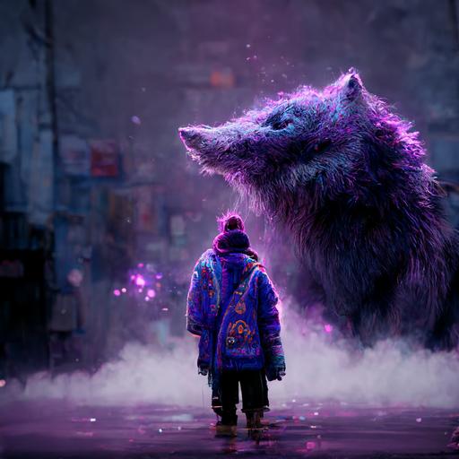 purple fur wolf, money pouch in the background, dripping ice, young man in purple clothes smoking, relistic cinematic 3d, 4k full hd, 16:9