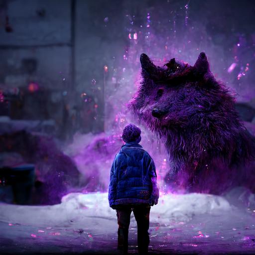 purple fur wolf, money pouch in the background, dripping ice, young man in purple clothes smoking, relistic cinematic 3d, 4k full hd, 16:9