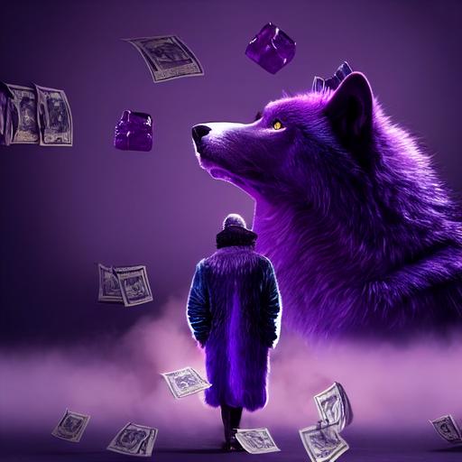 purple fur wolf, money pouch in the background, dripping ice, young man in purple clothes smoking, relistic cinematic 3d, 4k full hd, 16:9 --test --creative --upbeta --upbeta