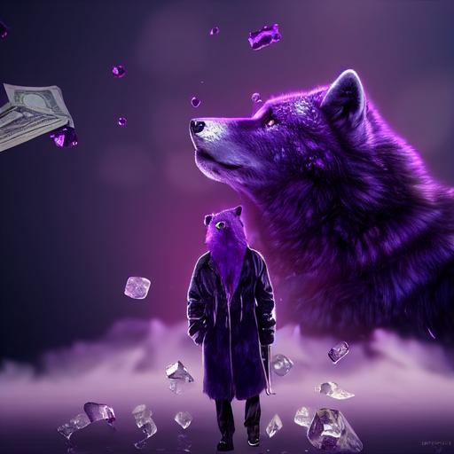 purple fur wolf, money pouch in the background, dripping ice, young man in purple clothes smoking, relistic cinematic 3d, 4k full hd, 16:9 --test --creative --upbeta