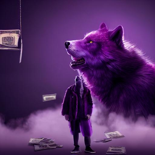 purple fur wolf, money pouch in the background, dripping ice, young man in purple clothes smoking, relistic cinematic 3d, 4k full hd, 16:9 --test --creative --upbeta --upbeta