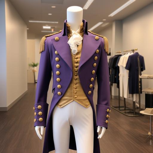 purple george washington suit with gold buttons on mannequin. no model