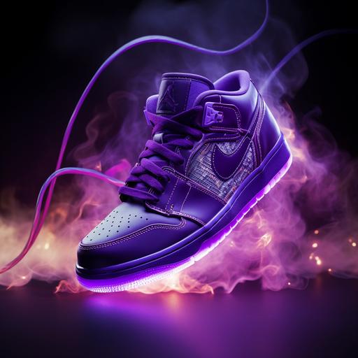 purple glow in the dark low-top basketball shoes with laces made from extoic metal. Show on the foot of a basketball player soaring through the air. hyper-realistic
