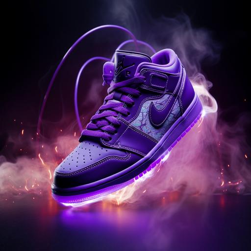 purple glow in the dark low-top basketball shoes with laces made from extoic metal. Show on the foot of a basketball player soaring through the air. hyper-realistic