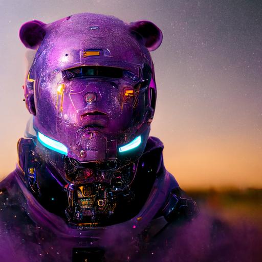 purple glowing teddybear symmetrical face transformer futuristic sci fi space knight in armor in style of Craig mullins, floral mars landscape, character concept art, detailed, style   8k, unreal engine 4k, full shot, post processing, golden proportions,  Trending on ArtStation, Photorealistic, 8k post-processing