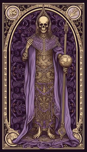 purple god priest of wealth and death, solitary melancholy, eastern orthodox icon, aristocrat's skeleton in decorated jeweled traditional European costume, symmetric geometric poster, tarot, gothic arch, engraving, king of skeletons, ornate golden armor and rich draped purple fabric, medieval, albrecht durer, Hieronymus bosch, degas, dark moonlit purple fog, oil painting, paint strokes --ar 8:14 --q 2 --s 250 --v 5.1