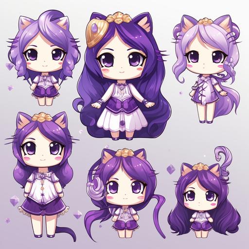 purple kitty princess clipart set, kawaii anime --no letters, words, watermark