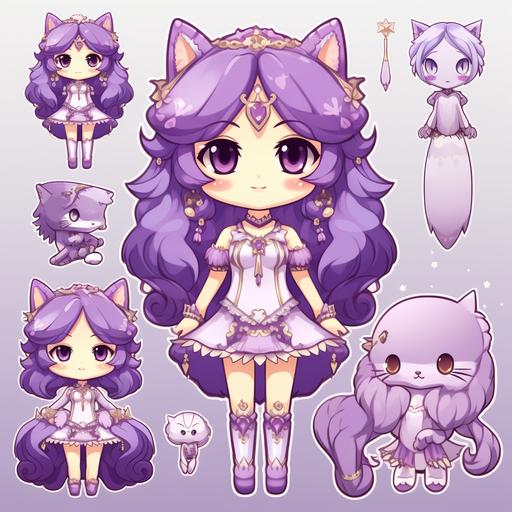 purple kitty princess clipart set, kawaii anime --no letters, words, watermark