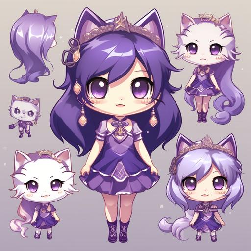 purple kitty princess clipart set, kawaii anime --no letters, words, watermark