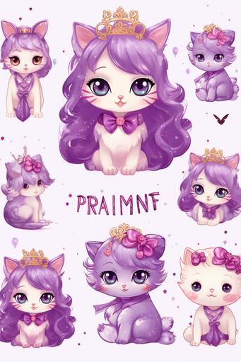 purple kitty princess clipart set, kawaii anime --ar 2:3