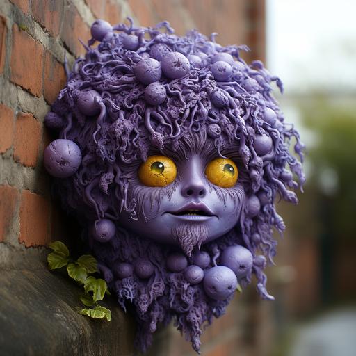 purple lemon, growing out of a wall, wearing a turquoise wig --v 5.2 --s 750