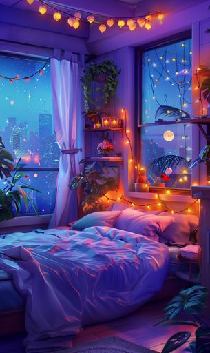 purple lights lit up a bedroom, in the style of dreamlike illustrations, colorful cityscapes, kawaii charm, detailed marine views, realistic color palette, romanticized views, light orange and turquoise --ar 19:32